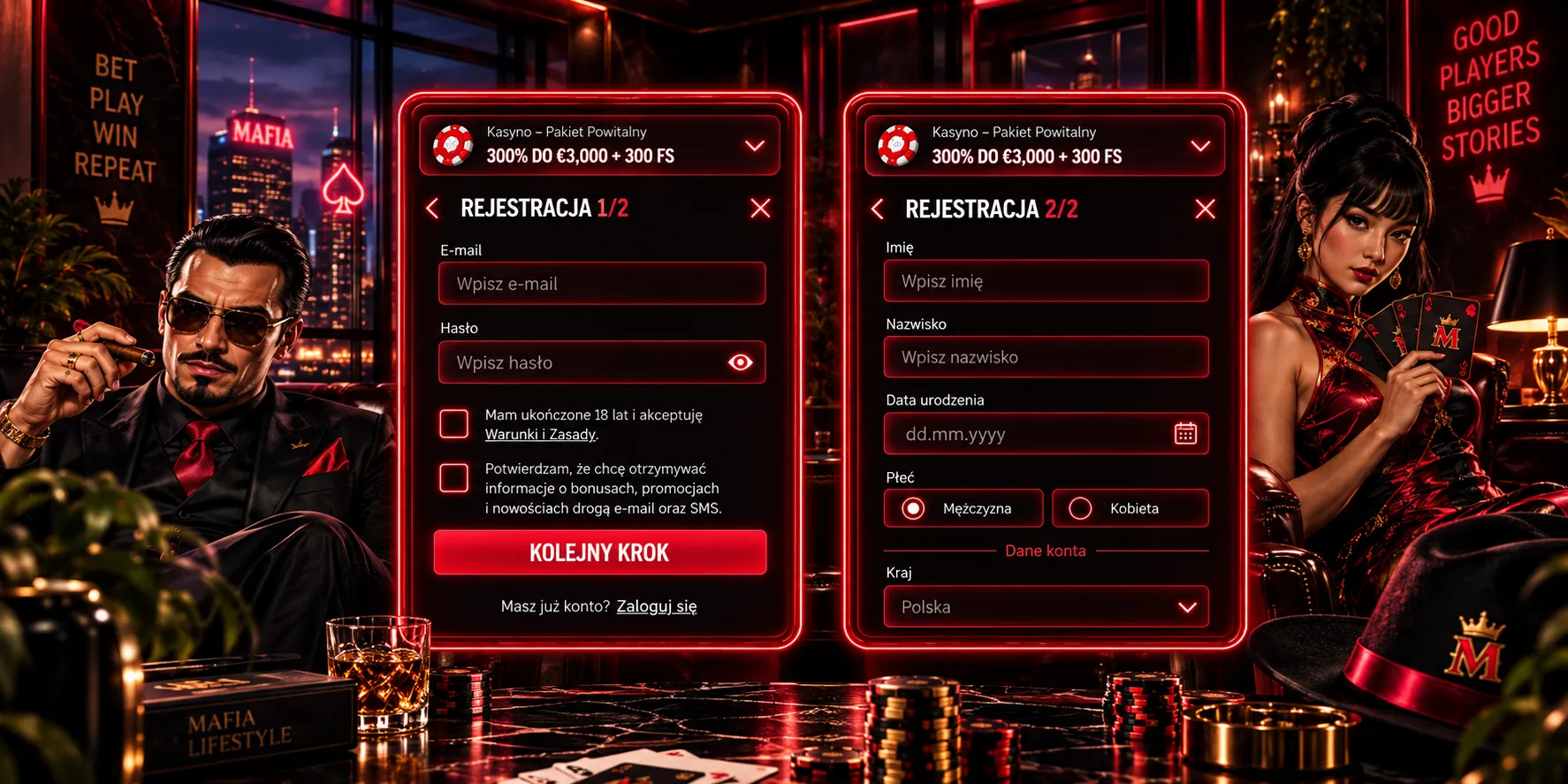Formularz rejestracji Mafia Casino